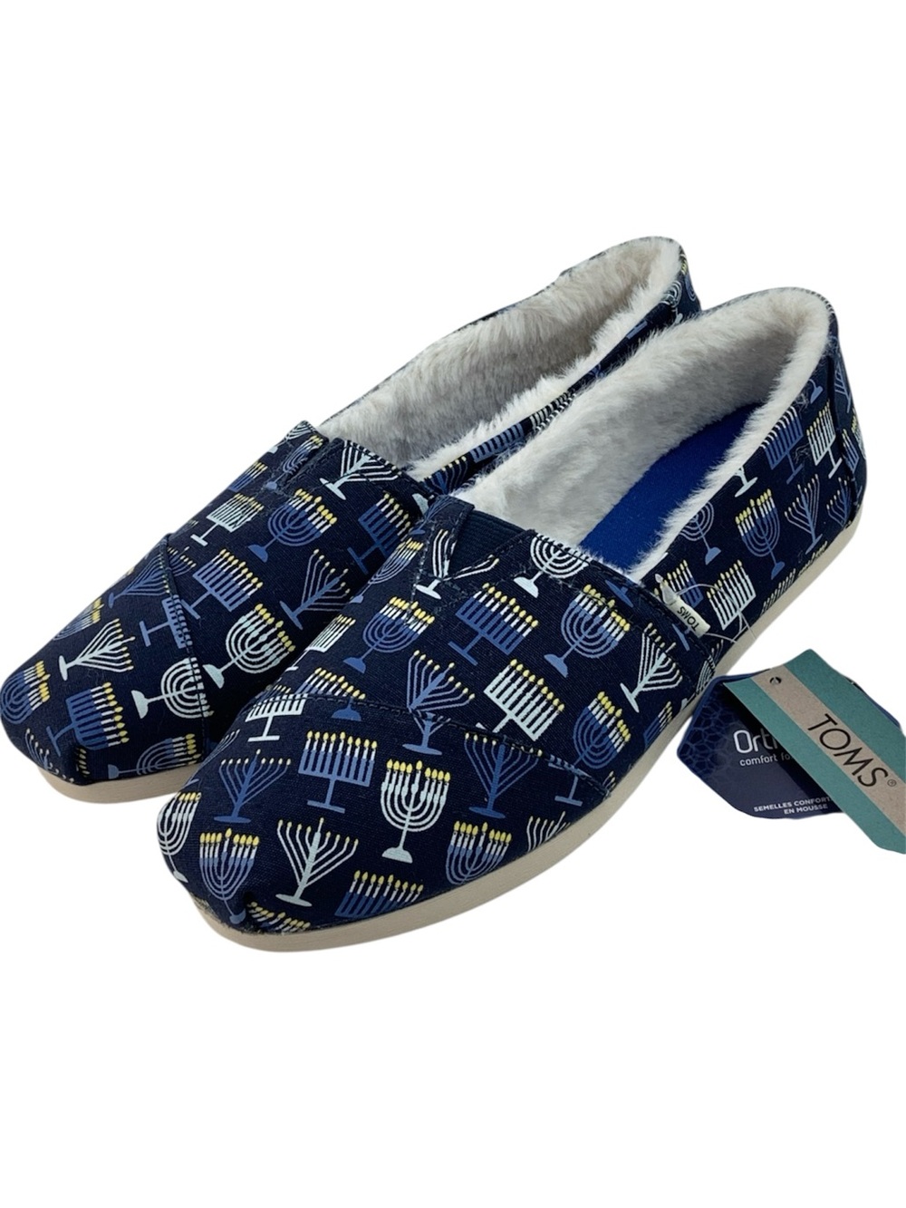 New TOMS Navy Menorah Pattern Slip-Ons Faux Fur